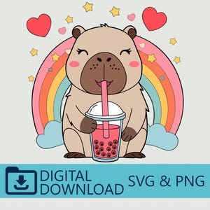 May include: A cartoon illustration of a capybara drinking a pink bubble tea with a rainbow and hearts in the background. The image includes the text "DIGITAL DOWNLOAD SVG & PNG".