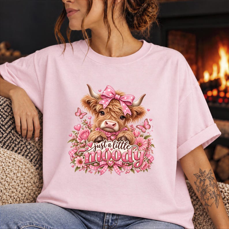 Just a Little Moody Baby Highland Cow PNG, Pink Bow Hearts and Flowers ...