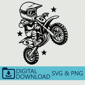Söt barn på motocrosscykel wheelie #5 - Digital SVG PNG-nedladdning, perfekt för äventyrsdekor, Cricut-projekt, barnrumskonst och cykelpyssel