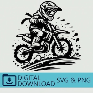Op de afbeelding: Zwart-wit illustratie van een persoon die op een motorcrossfiets rijdt. De rijder draagt een helm en beschermende kleding. De afbeelding bevat de tekst "DIGITAL DOWNLOAD SVG & PNG".