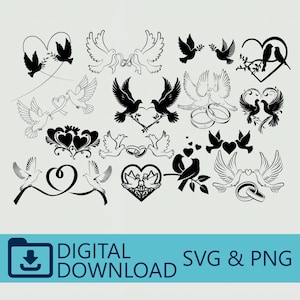 May include: A collection of black and white dove illustrations, including pairs, hearts, and wedding rings. The phrase "DIGITAL DOWNLOAD SVG & PNG" is displayed in a blue banner at the bottom of the image.