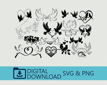 Bundle amour colombes SVG PNG Bundle en téléchargement numérique - sticker mariage, fichier de coupe Cricut, colombe art, vinyle autocollant, cadeau de mariée, téléchargement immédiat