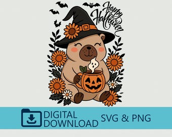 Cute Capybara Halloween Art with Witch Hat, Pumpkin Mug, and Flowers - Digital SVG PNG Download, Ideal for DIY Crafts, Holiday Decor, Cricut