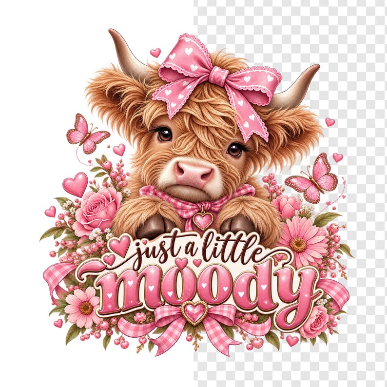 Just a Little Moody Baby Highland Cow PNG, Pink Bow Hearts and Flowers ...
