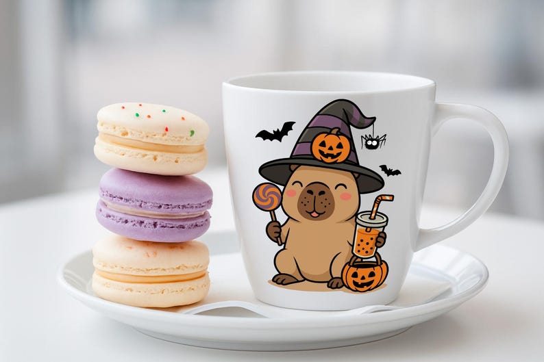May include: A white ceramic mug featuring a cartoon capybara wearing a witch hat and holding a lollipop and a drink. The mug is on a white saucer with a stack of three macarons in pastel colors. Halloween themed.