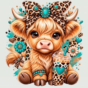 Pode incluir: Uma ilustração de uma vaca highland fofa com um laço de estampa de leopardo com uma pedra central turquesa, uma pulseira de contas turquesas e um copo a condizer com estampa de leopardo e palhinha turquesa, rodeada por flores e corações turquesas.