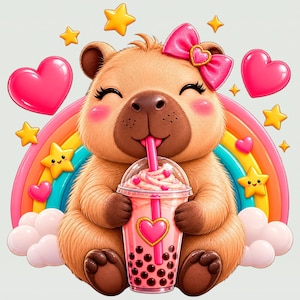 Puede incluir: Un capibara de color marrón claro con un lazo rosa en la cabeza, bebiendo un té de burbujas rosa con una pajita. El capibara está rodeado por un arcoíris colorido, nubes blancas esponjosas, estrellas amarillas y corazones rosa brillante.
