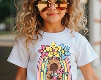 Capybara SVG Cute Capybara with Boba Tea Png Kawaii Rainbow Svg for Cricut Silhouette Pastel Flower Girl Shirt Design Digital Download File