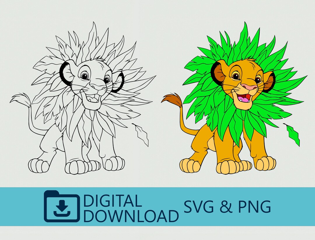 Lion SVG and Png - Cute Simba With Leaf Mane, Outline & Color, Digital ...