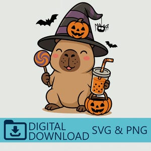 May include: A cartoon illustration of a capybara wearing a witch hat with a pumpkin and holding a lollipop and a drink. A pumpkin bucket, bats, and a spider are also present. The image includes the text "DIGITAL DOWNLOAD SVG & PNG".