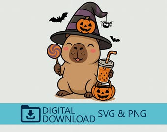 Adorable Capybara Halloween Art with Witch Hat, Pumpkin Candy, Spooky Drink, Digital SVG PNG Download, Cricut Cut File, DIY Craft, Printable