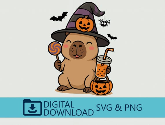 Adorable Capybara Halloween Art with Witch Hat, Pumpkin Candy, Spooky Drink, Digital SVG PNG Download, Cricut Cut File, DIY Craft, Printable