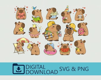 Summer Capybara Bundle SVG&PNG Digital Download, Funny Capybara Clipart Bundle, Set Kawaii Animal Illustration, Trendy Sublimation Image