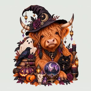 Puede incluir: Una esponjosa vaca Highland de color jengibre con un sombrero de bruja negro adornado con una luna creciente y rosas moradas. La escena incluye un fantasma blanco, un cuervo negro sobre libros, un gato negro, una bola de cristal, calabazas y velas.