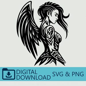 May include: A black and white digital graphic illustration of a winged figure with long hair and intricate tribal-style patterns on the arm and torso. The design is presented as a digital download in SVG and PNG file formats for creative projects.