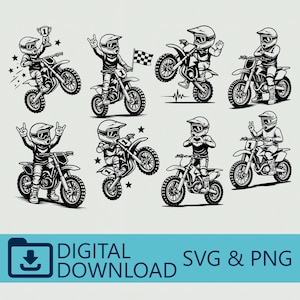 May include: Black and white illustrations of motocross riders in various action poses. Each rider is wearing a helmet and riding a dirt bike. Some illustrations include a trophy, a checkered flag, and stars. The text "DIGITAL DOWNLOAD SVG & PNG" is at the bottom.