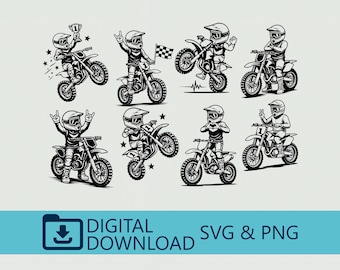 Cute Motocross Kids Bundle SVG PNG Digital Download - Dirt Bike Racing Clipart Pack, Cricut Cut Files, Victory Trophy Flag Designs, Extreme