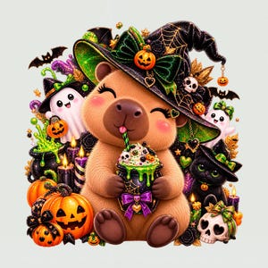 May include: A brown capybara wearing a black witch hat with a green bow and pumpkin charm, holding a mug of green drink with whipped cream and skulls. Surrounded by pumpkins, ghosts, a black cat, bats, and a skull on a light background.