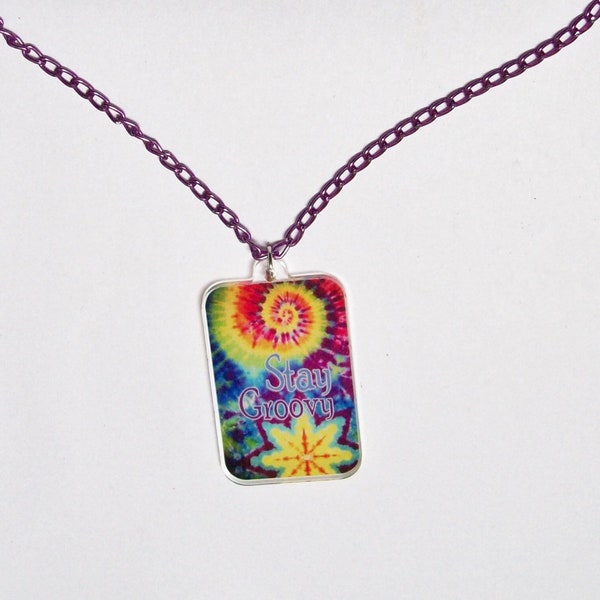 Tie Dye "Stay Groovy" Necklace with Purple Aluminum Chain, 20 inches, New 1970s Style, Fun Retro Look Jewelry