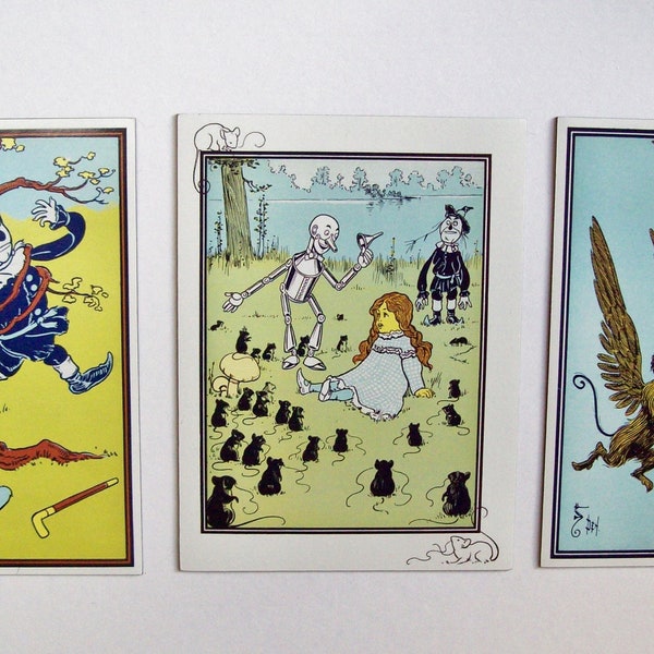 Set of 3 Wizard of Oz Magnets with Art from 1900 Book, Vintage - Flying Monkeys, Dorothy Tin Man Scarecrow for Home Office, Kitchen, Studio