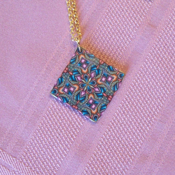 Handmade Polymer Clay Kaleidoscope Pendant on Goldtone Chain Necklace - Great as a Gift, Unique Jewelry, OOAK