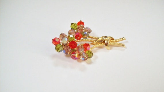 Vintage Faceted Bead Flower Pin - Orange Purple G… - image 2