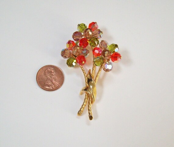 Vintage Faceted Bead Flower Pin - Orange Purple G… - image 3