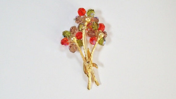 Vintage Faceted Bead Flower Pin - Orange Purple G… - image 4