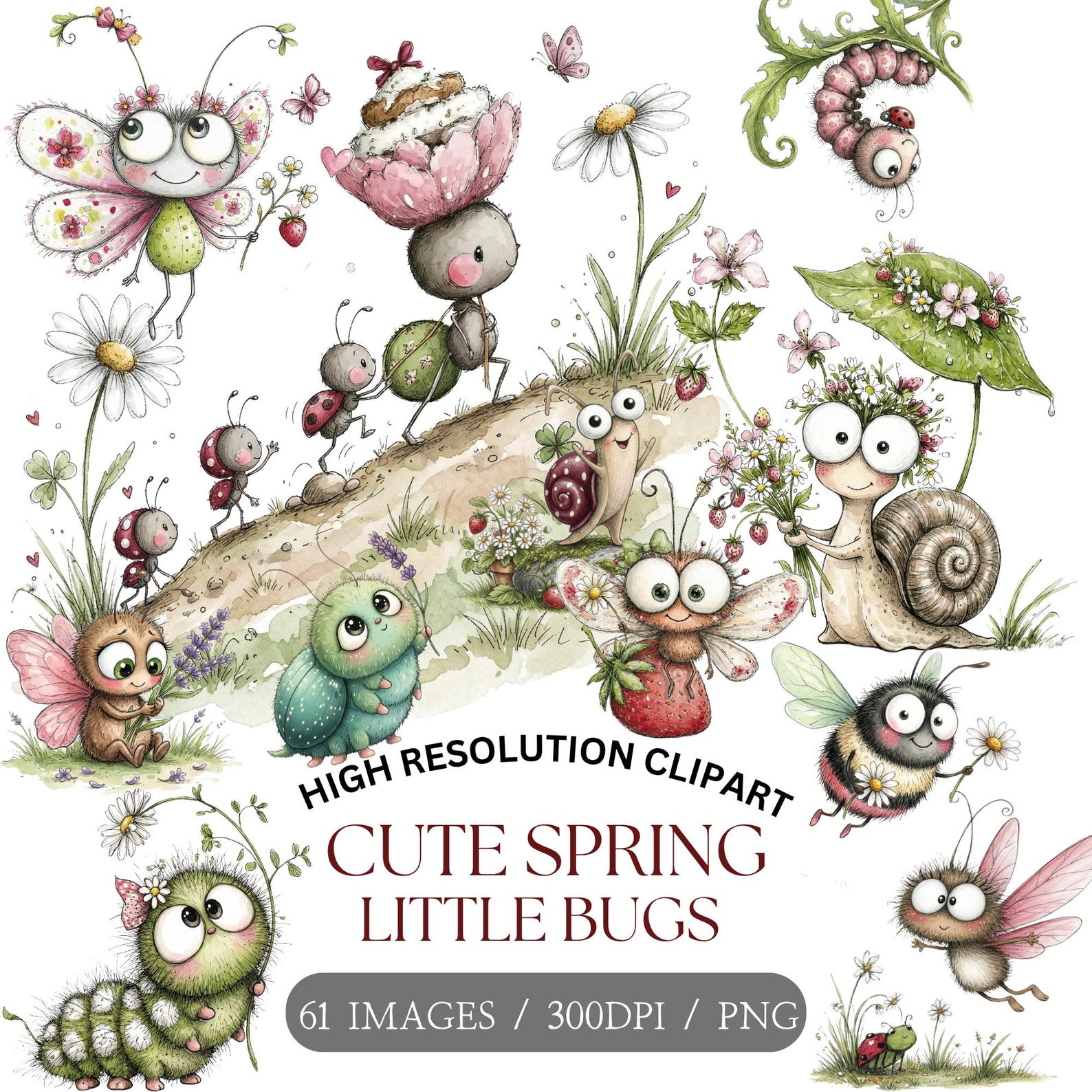 Spring Insects Drawing Watercolor Spring Bugs Clipart Bundle 61 Kawaii Garden Insects and ...