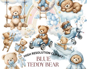 Clipart z niebieskim misiem pluszowym w formacie PNG, akwarelowe ilustracje misiów dla dzieci do dekoracji pokoju dziecięcego i zaproszeń na baby shower, zestaw uroczych misiów (47 obrazów PNG)