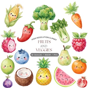 Könnte beinhalten: Aquarellillustration verschiedener Früchte und Gemüse mit lächelnden Gesichtern. Enthält Maiskolben, Brokkoli, Karotte, rote Paprika, Drachenfrucht, Blaubeere, Guave, Kokosnuss, Ananas, Wassermelone, Feige, Birne, Orange, Himbeere und Granatapfel. Text: "Früchte und Gemüse".