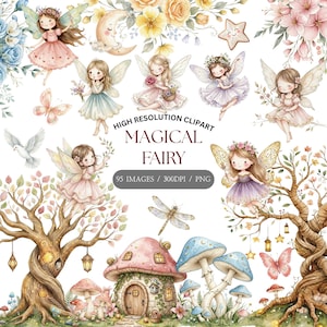 Può includere: Set di clipart ad acquerello con fate, farfalle, funghi ed elementi floreali. Il testo recita "MAGICAL FAIRY" e "95 IMAGES / 300DPI / PNG". Le illustrazioni sono in morbidi colori pastello, creando un'estetica incantevole.