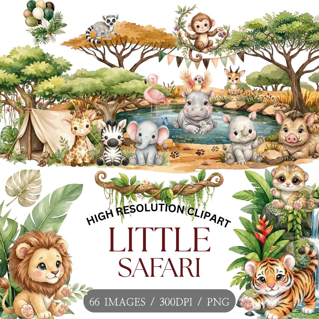 Watercolor Safari Jungle Animals Clipart: Cute Baby Elephant Lion ...