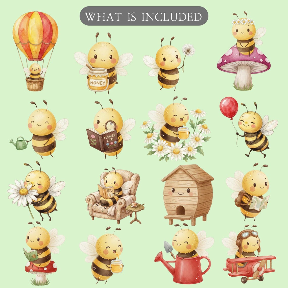 Watercolor Bee Clipart Bundle, Cute Honey Bee PNG Digital Download ...