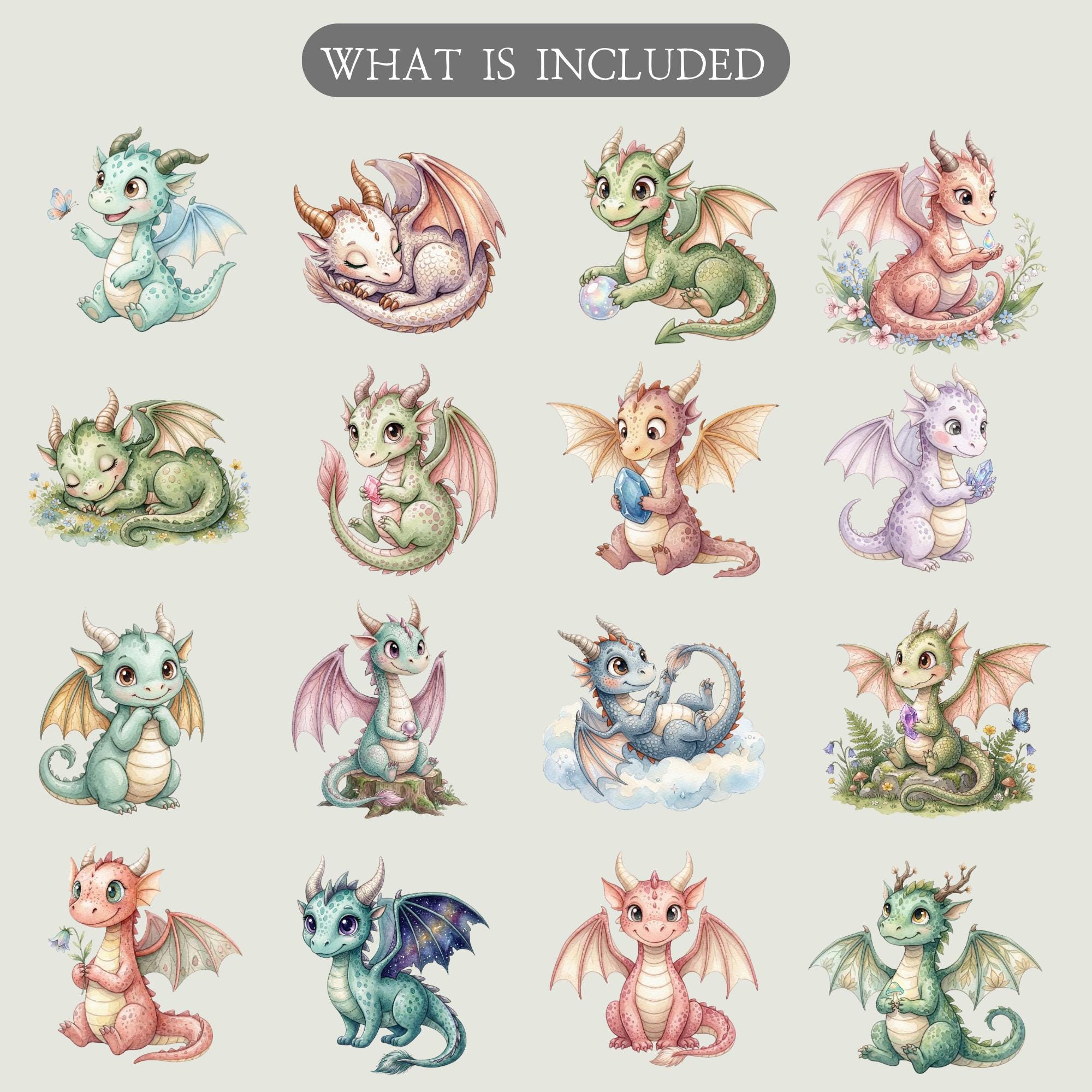 Watercolor Cute Baby Dragon Clipart Bundle: Magical Kingdom & Fantasy ...
