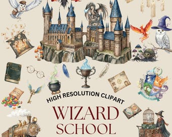 Paquete de imágenes prediseñadas de la Escuela de Magia: Gráficos PNG de la Academia Mágica para baby showers, cumpleaños infantiles y manualidades. Descarga digital instantánea.