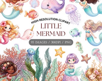 Può includere: Una collezione di clipart digitali con illustrazioni di sirene, creature marine e piante acquatiche. L'immagine include sirene con capelli fluenti e code colorate, insieme a una balena, pesci, meduse e stelle marine. Il testo recita "Little Mermaid".