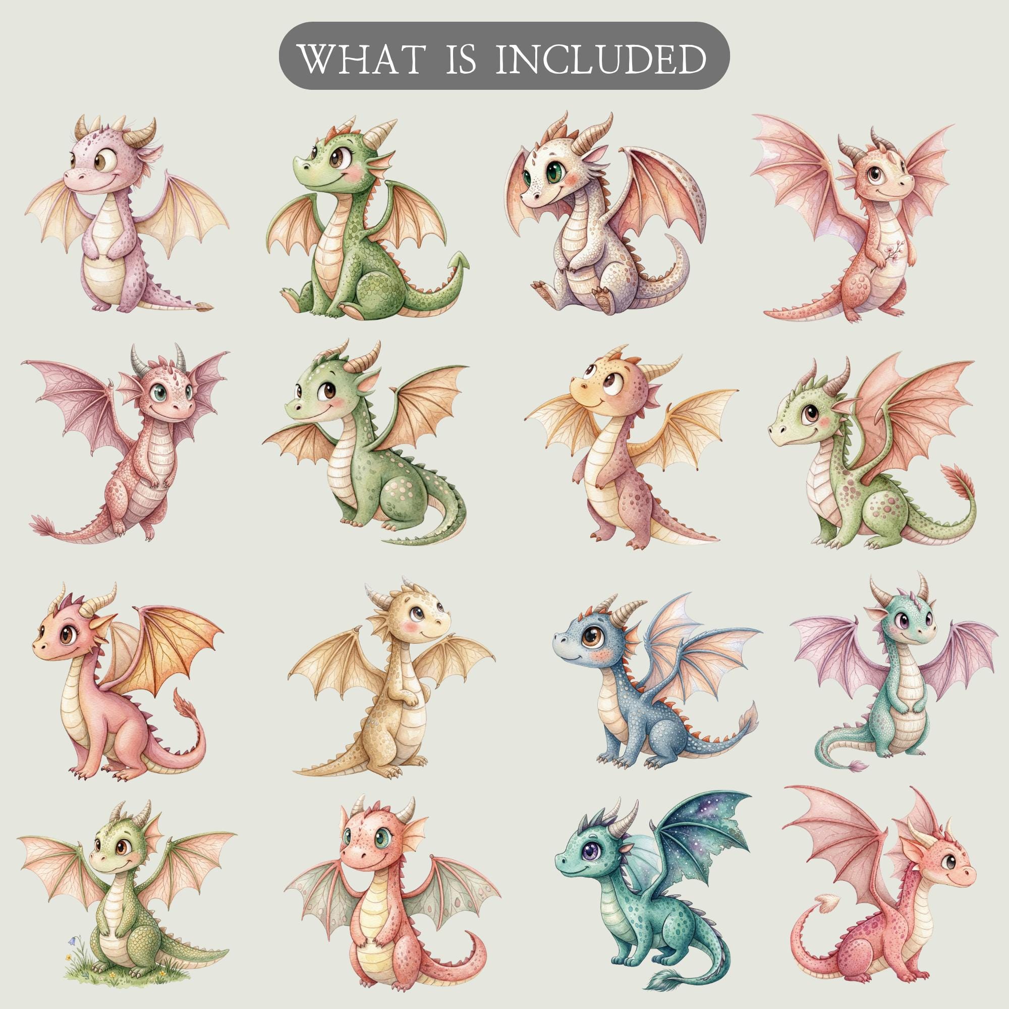 Watercolor Cute Baby Dragon Clipart Bundle: Magical Kingdom & Fantasy ...