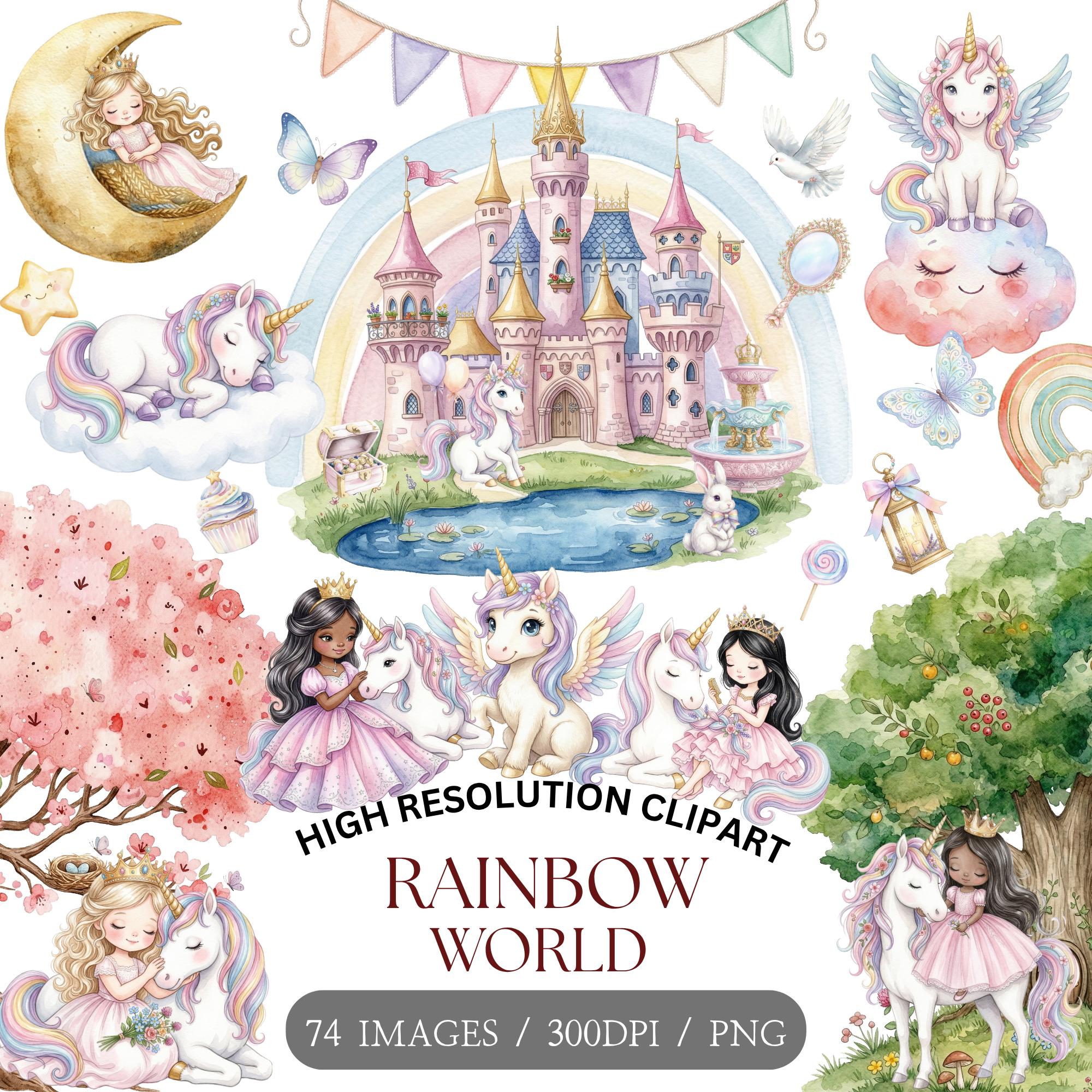 Watercolor Unicorn and Princess Clipart Set — Magical Rainbow World ...