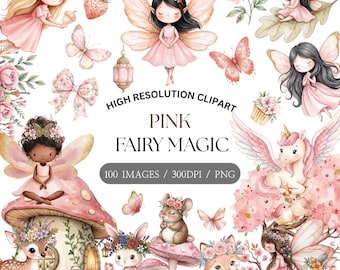 Pink fairy clipart bundle for an enchanted forest baby shower, cute pastel watercolor woodland fairies for a girls 1st birthday, digital PNG