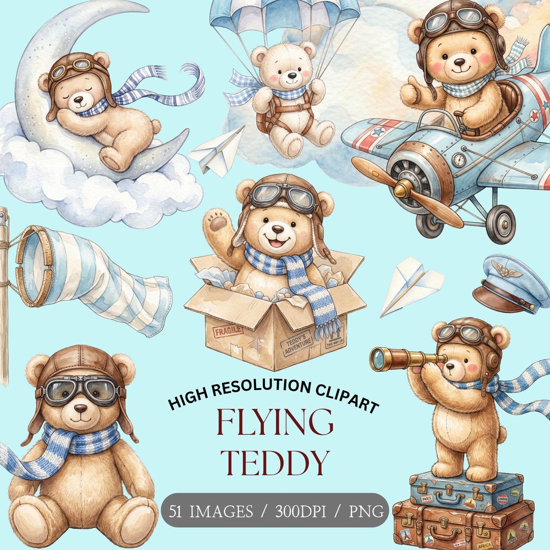 Aviator Teddy Bear Watercolor Clipart Bundle - Cute Pilot Bear Graphics ...