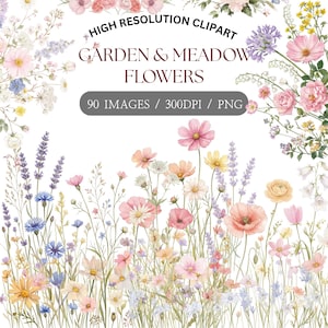 May include: Watercolor illustration of a garden and meadow flowers in soft pastel colors. The image includes a variety of flowers, such as pink cosmos, lavender, and roses. Text reads "HIGH RESOLUTION CLIPART" and "GARDEN & MEADOW FLOWERS".
