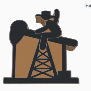 May include: A brown and black illustration of an oil derrick with a person riding on top. The derrick has a brown background and black accents. The person is also black. The image is a stylized representation of the oil industry.