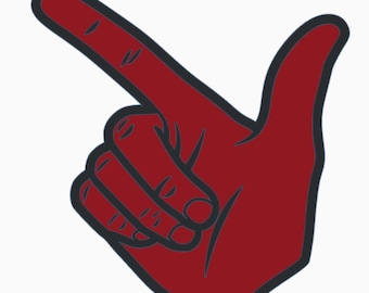 Puede incluir: Una mano de espuma roja con un contorno negro, en forma de "V" o gesto de "hang loose". La mano es de color sólido con detalles de los dedos y la palma. La imagen es una ilustración gráfica, probablemente para un evento deportivo o de celebración.