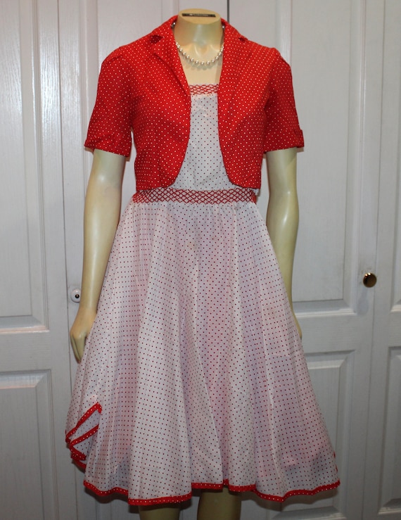 VTG Spagetti Strap Full Skirt Red & White Dress R… - image 1