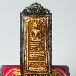 Rare Thai Phra Somdej 9-Tier Golden Leaf Amulet BE2411 Blessed by Somdej Toh, Healing Yantra Script Rear, Rama V Era