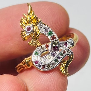 Naga Dragon Ring with 9 Gems | Thai Navaratna Serpent Ring for Luck, Charm & Protection | Adjustable Brass Jewelry Amulet