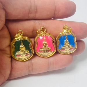 Set of 3 Phra Phuttha Sothon Amulets: Thai Buddha Talisman, Hand-Painted Lead Medals