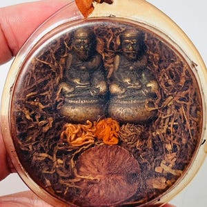 May include: A circular pendant encased in clear resin featuring two small bronze-colored seated figures surrounded by dried fibrous material and a single round brown seed-like element, with a small orange fabric tie at the top loop.