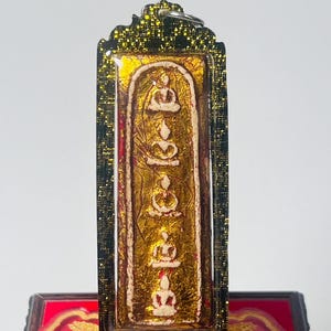 Rare 5 Buddha Phra Somdej Amulet with Gold Leaf & Sacred Yantra Plate | Thai Buddhist Talisman for Protection  Enlightenment